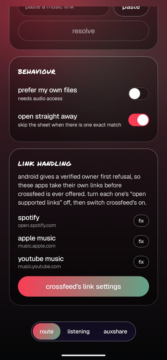 the link handling section listing spotify, apple music and youtube music