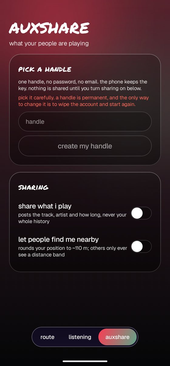 the auxshare tab asking you to pick a handle