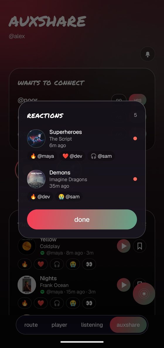 the reactions list grouped by song