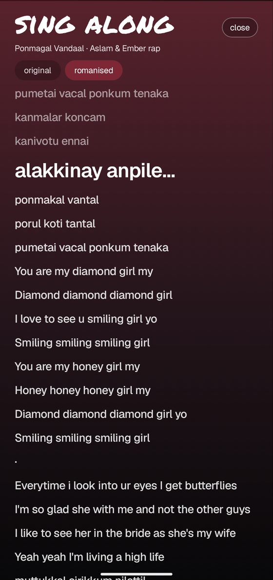 synced lyrics with the current line enlarged