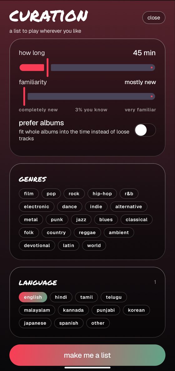 the curation screen with length, familiarity, genres and languages