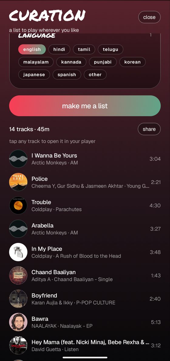 a generated list of fourteen tracks totalling forty five minutes