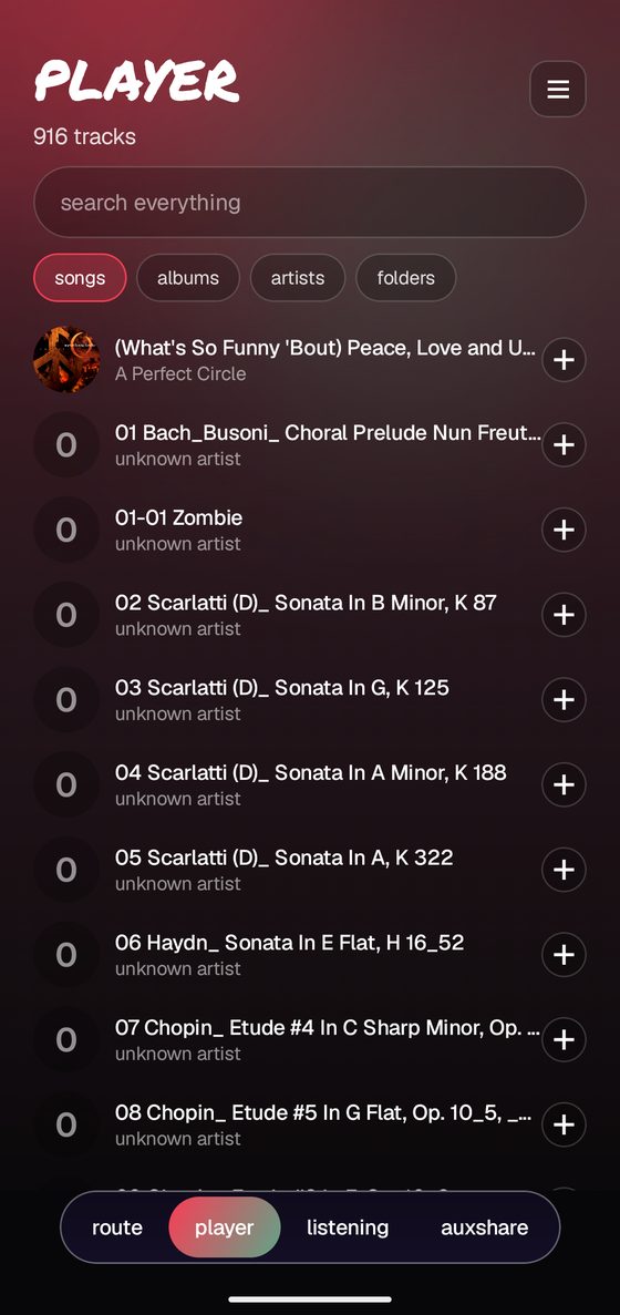 the player tab listing every song on the phone